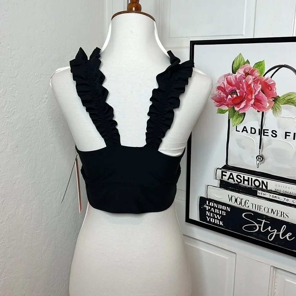 NWT Aqua Athletic Black Ruffle Bra Size S